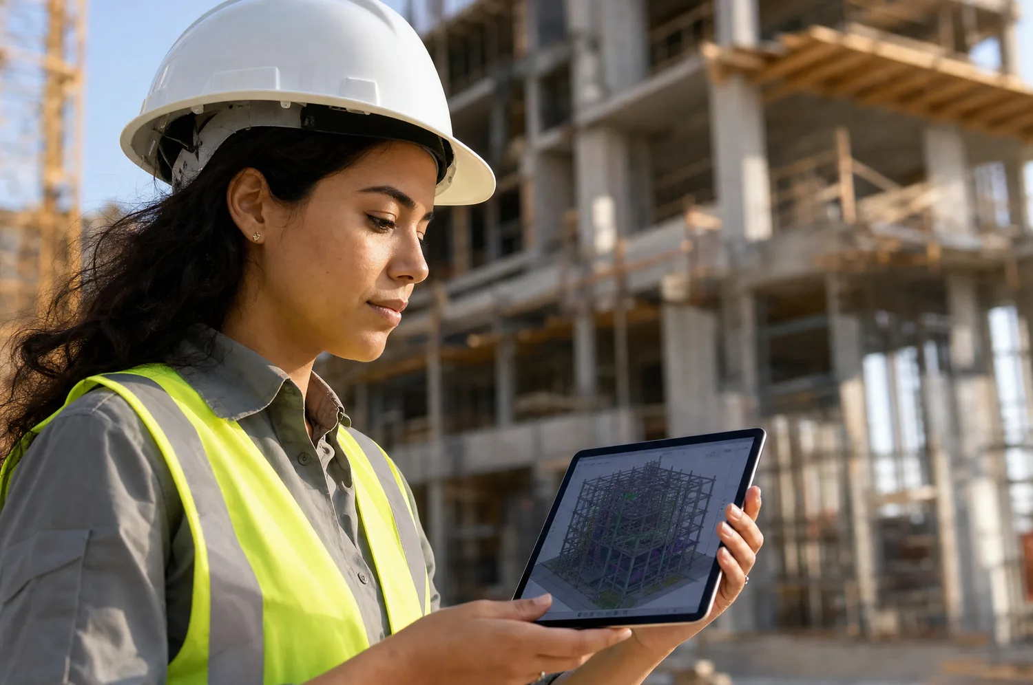 Ingénieur civil SUP2I sur un chantier avec une maquette BIM sur tablette