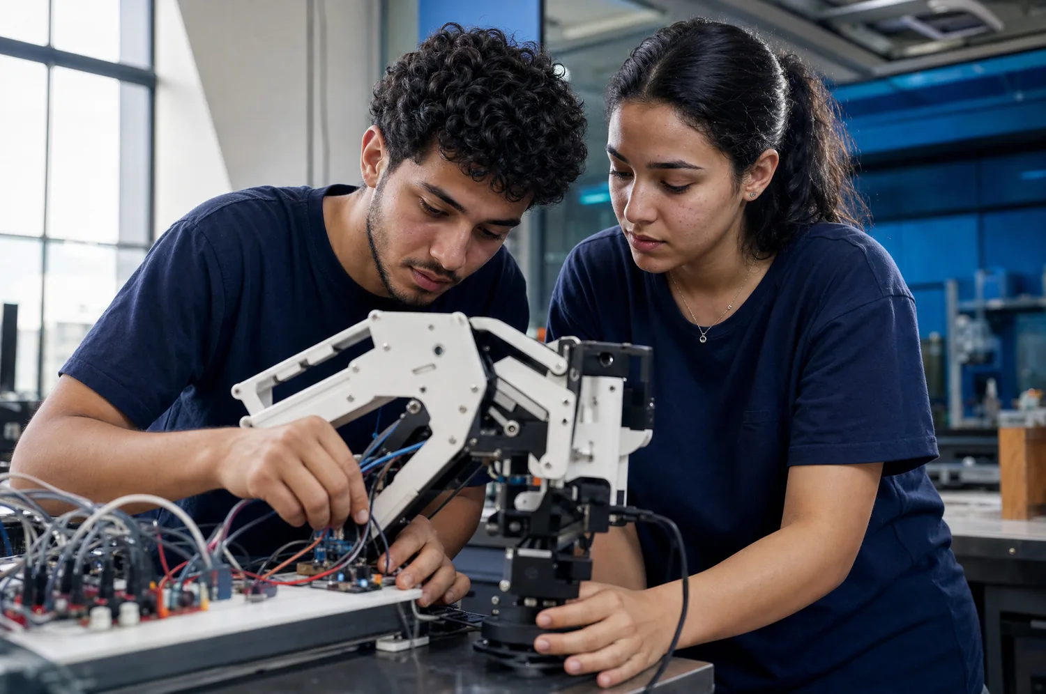 Étudiants en Génie Mécatronique de SUP2I sur un bras robotisé en atelier